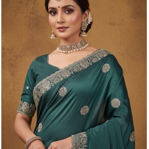 Dark Slate Grey Embroidery Silk Saree