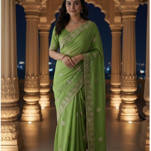 Light Green Embroidery Silk Saree