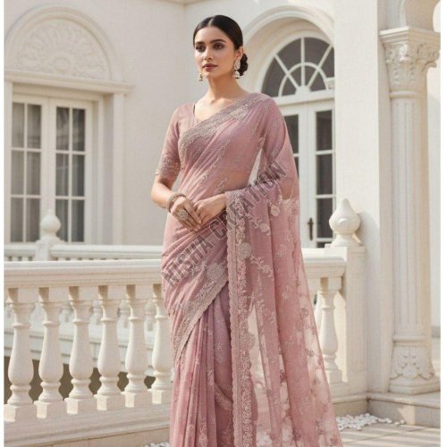 Light Pink Embroidery Silk Saree
