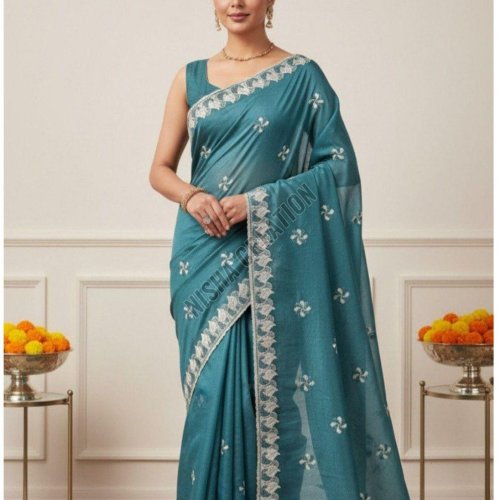 Peacock Blue Embroidery Silk Saree