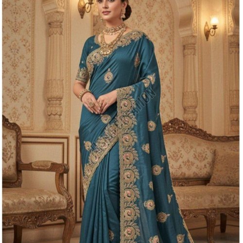 Rama Blue Embroidery Silk Saree