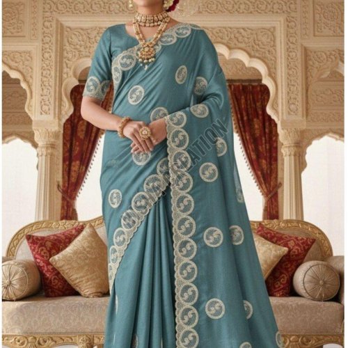 Sky Blue Embroidery Silk Saree
