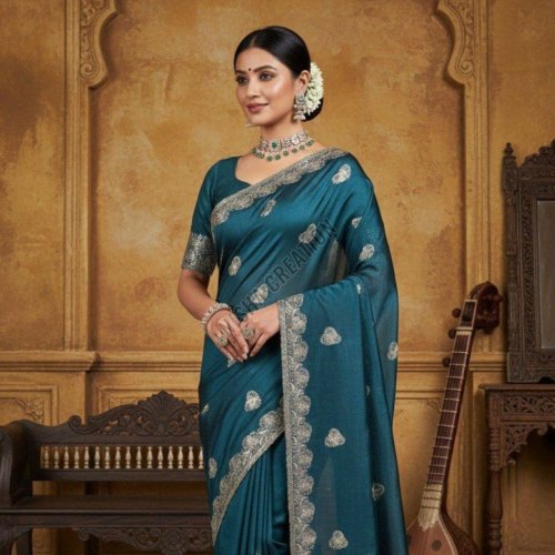 Teal Green Embroidery Silk Saree
