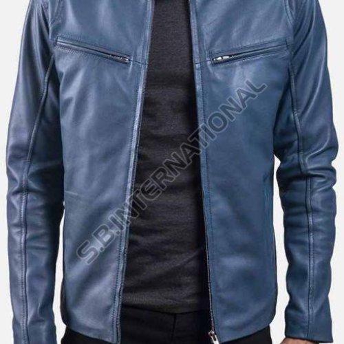 Blue Cropped Men’S Leather Coat