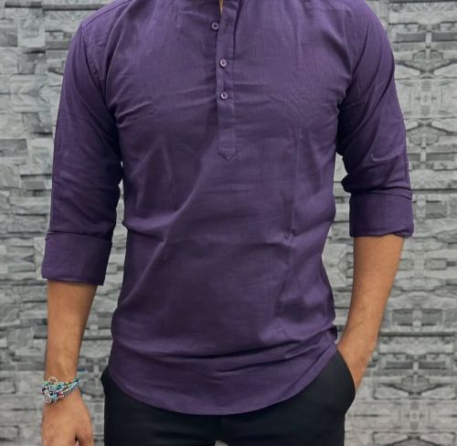Purple Cotton Plain Men Short Kurta