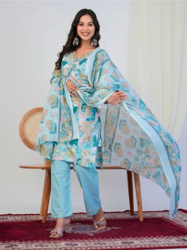 Aqua Blue Abstract Print With Handwork 3 Piece Suit Set