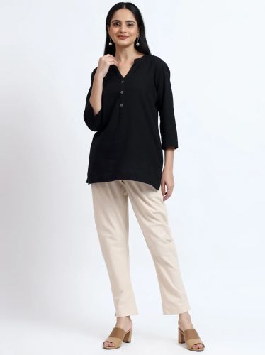 Black Beige Linen Cotton Short Kurti Pant Set