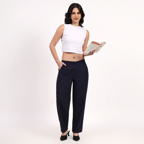Navy Blue Wide Leg Cotton Pant