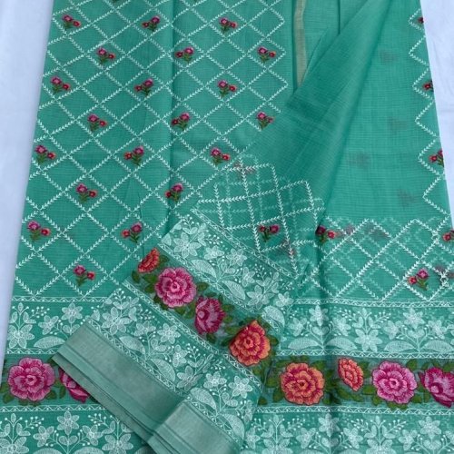 Embroidery Green Cotton Saree