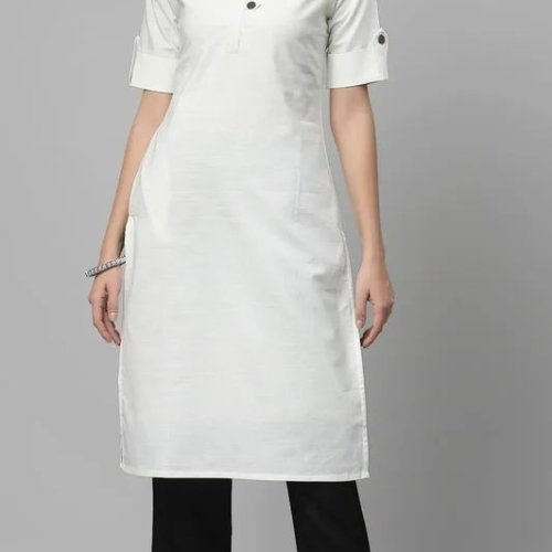 Women White Knee Length Cotton Kurti