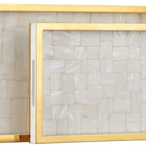 Mother OF Pearl & Brass Mosaic Serve Tray Set OF 2 Pcs
