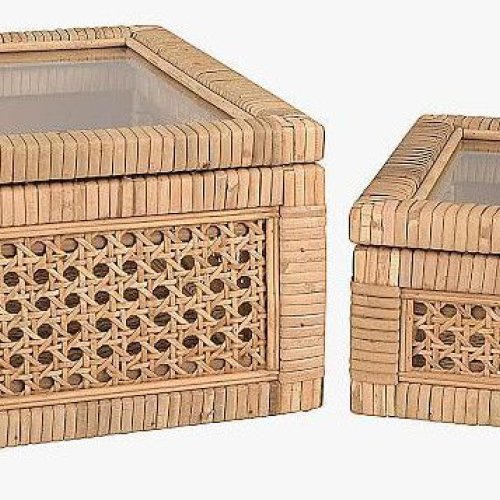 Woven Rattan & Wood Boxes Set OF 2 Pcs