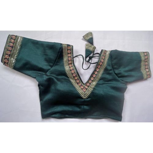 Green V Neck Readymade Blouse