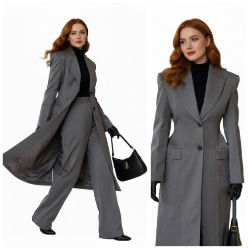 Ladies Grey Cotton Long Coat and Pant Set