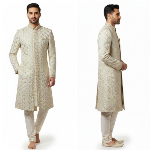Mens White Embroidered Silk Sherwani