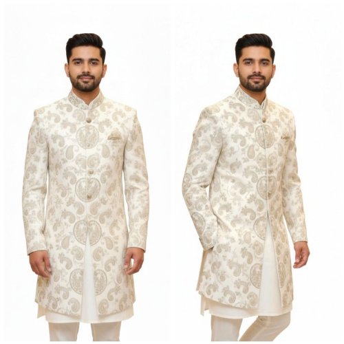 Mens White Silk Wedding Sherwani