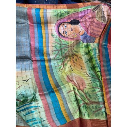 Pure Hand Printed Tussar Silk Saree