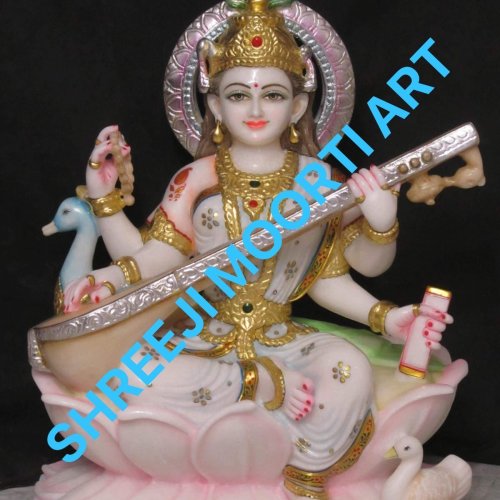 Painted Marble Maa Saraswati Statue