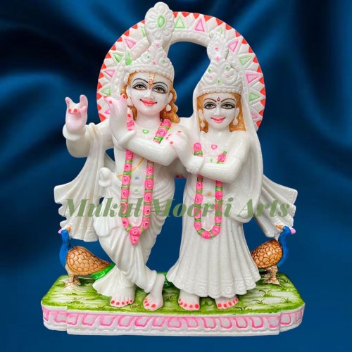 Painted Marble Radha Krishna Statue