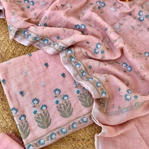 3 Piece Pink Pure Handloom Linen Suit