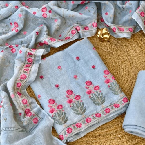3 Piece Grey Pure Linen Handloom Ladies Suit