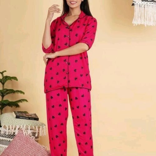 Ladies Red Heart Print Cotton Pajama Set