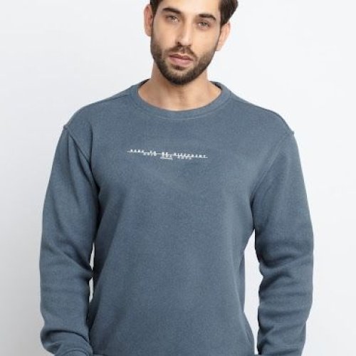 Mens Blue Typographic Print Crewneck Pullover
