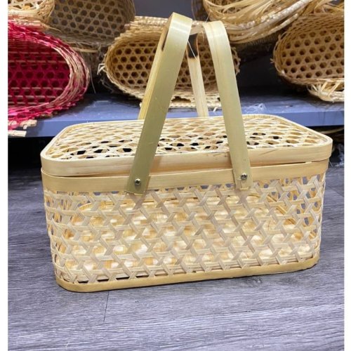 Bamboo Vertical Handle Lidded Basket