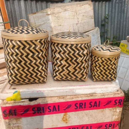 Bamboo Zigzag Loop Handle Basket Set