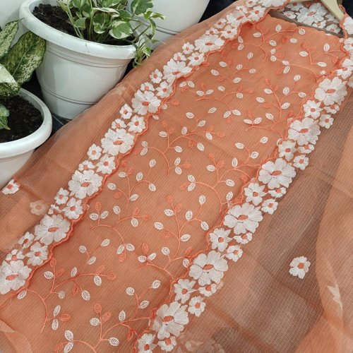 Ladies Cotton Orange Floral Embroidered Suit