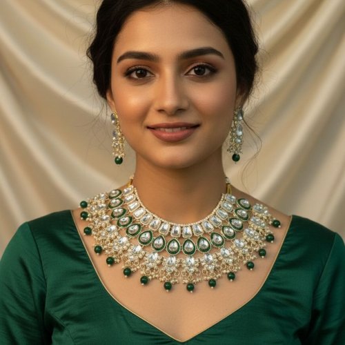 Bridal Look Deep Green Kundan &AMP; Faux Pearl Heavy Necklace Set for Weddings