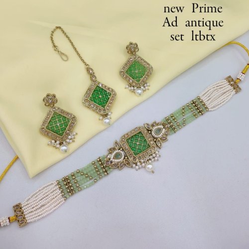 New Prime AD Antique Necklace Set with Earrings &AMP; Maang Tikka – Multi Colour Options