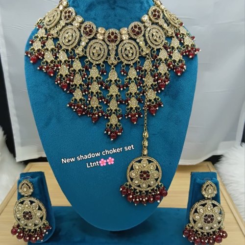 Premium Gold-Plated Bridal Shadow Choker Set with Earrings &AMP; Maang Tikka