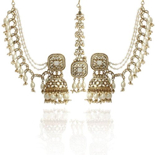 Traditional gold-plated Jhumka Earrings with Kundan and Mirror Work, Featuring Multiple Pearl Chains