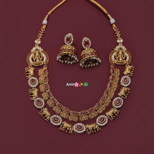 Traditional Gold Plated Temple Necklace Set with Elephant Motif &AMP; Jhumka Earrings