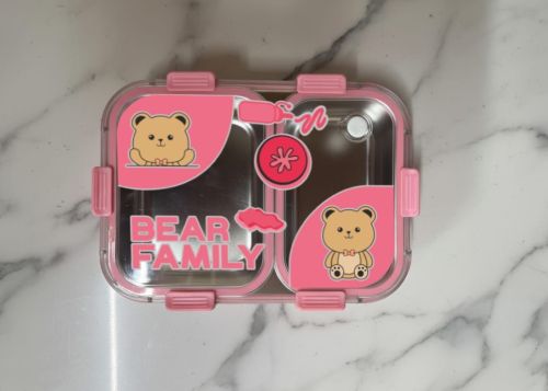 Pink Teddy Bear Family 2 Compartment Insulated Lunch Box