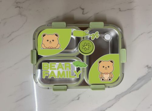 Green Teddy Bear Family 3 Compartment Insulated Lunch Box