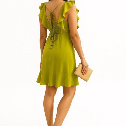 Ladies Green Ruffle Back Short Dress