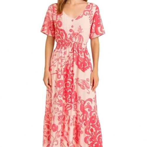 Ladies Pink Floral Casual Maxi Dress