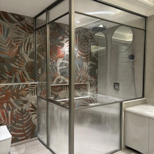 SS Brush Profile Plain and Flutter Glass Swing Door