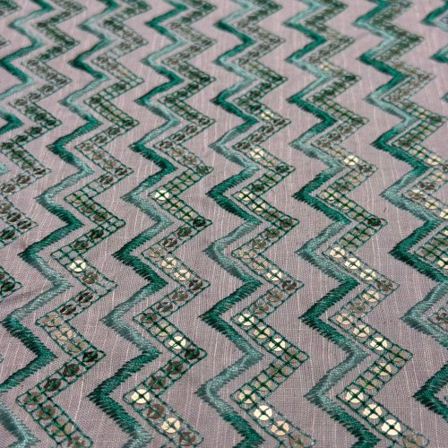 Aqua Green Zigzag Golden Sequin Embroidered Royal Silk Fabric