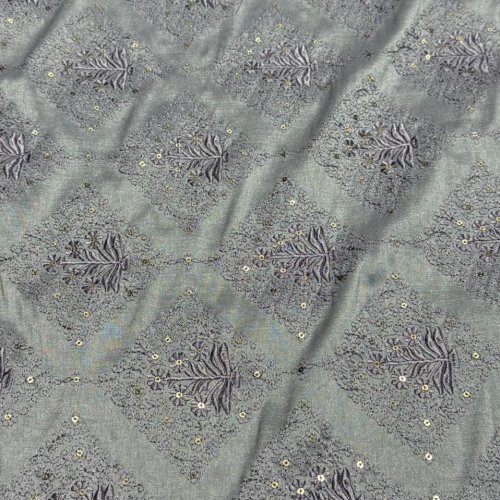 Blue &AMP; Grey Floral Diamond Sequin Embroidered Silk Fabric