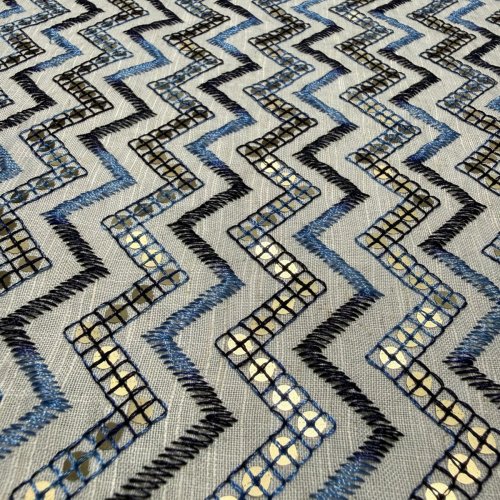 Blue Zigzag Gold Sequin Embroidered Royal Silk Fabric