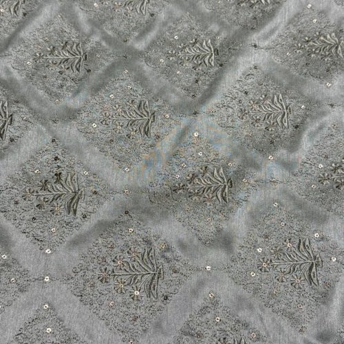 Green &AMP; Grey Floral Diamond Sequin Embroidered Silk Fabric