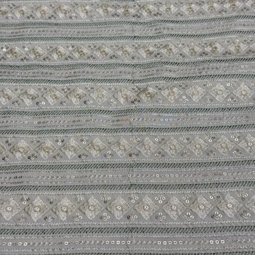 Green Grey Stripe Diamond Sequin Embroidered Silk Fabric