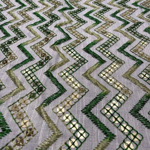 Green Zigzag Golden Sequin Embroidered Royal Silk Fabric