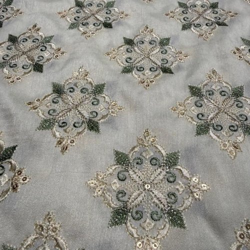 Grey &AMP; Golden Zari-Sequin Motif Embroidered Barfi Fabric