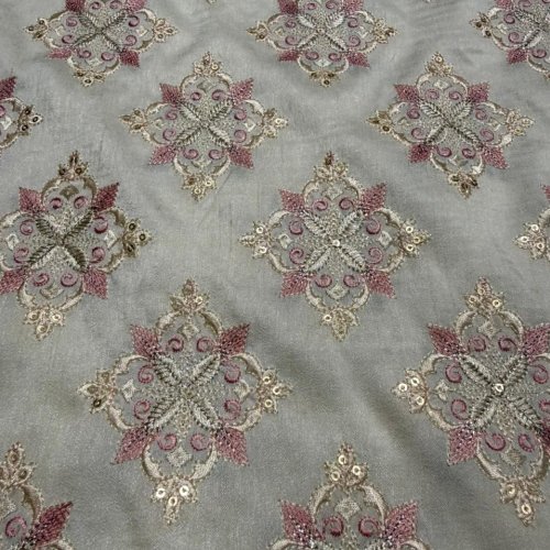 Grey &AMP; Pink Zari-Sequin Designer Embroidered Barfi Fabric