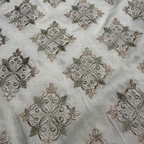 Grey Designer Motif Zari-Sequin Embroidered Barfi Fabric