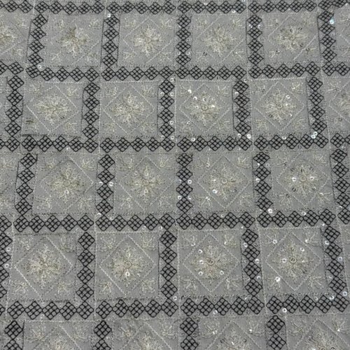 Grey Diamond Sequin Embroidered Silk Fabric